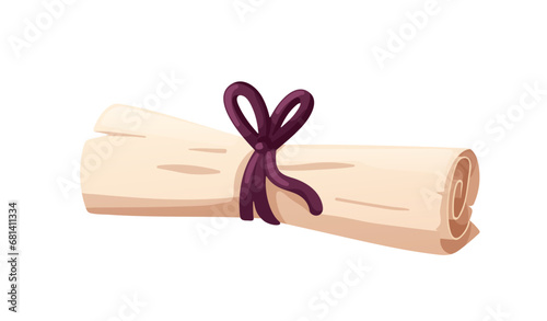 Old parchment scroll. Ancient paper, papyrus roll tied with rope, string. Medieval document. Antique historical aged vintage letter. Flat cartoon vector illustration isolated on white background