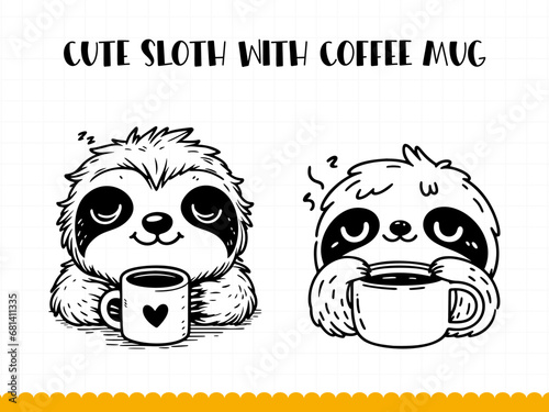 Cute sloth holding cup of coffee illustration isolated on white background. Vector.