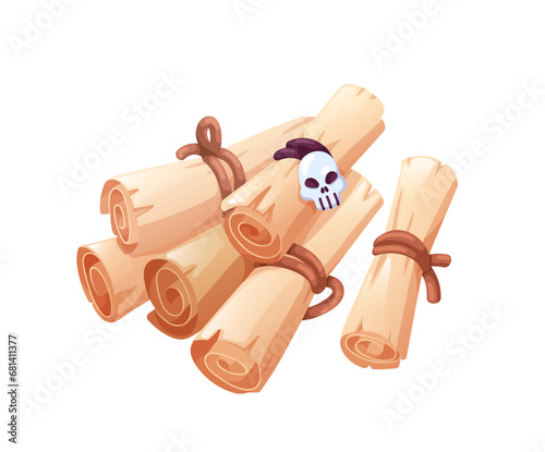 Old paper scrolls pile. Many ancient parchment rolls heap and creepy skull. S...