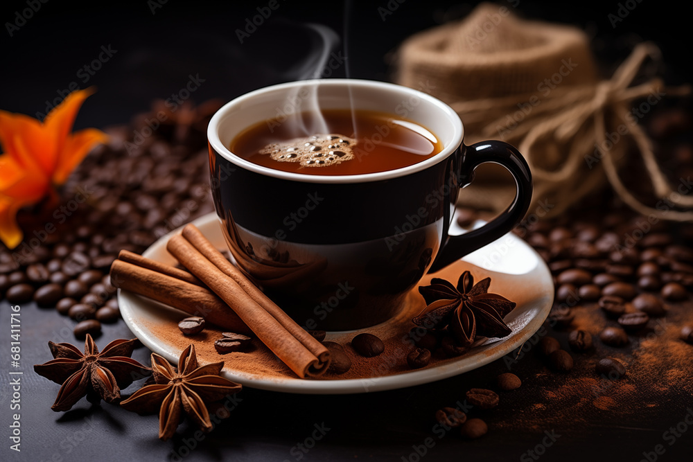 A brown cup filled with a creamy espresso, adorned with cinnamon and anise, set against a dark brown background with scattered coffee beans - obrazy, fototapety, plakaty 
