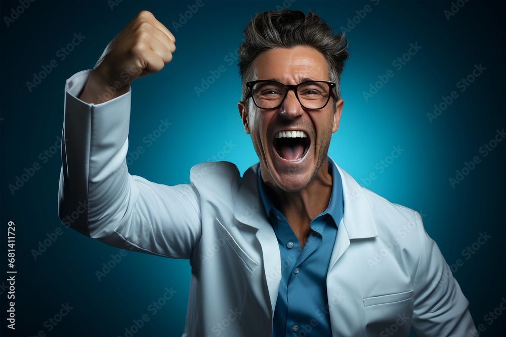 crazy scientist shouting and screaming over blue background with vignette. ia generative crazy scientist shouting and screaming over blue background with vignette. ia generative