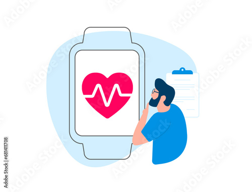 Heart Health Monitoring Smartwatch. Fitness tracker with heart icon. Monitors pulse and pressure for healthcare. Data analyzed by physician for diagnosis and treatment adjustments