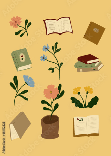 Set of Books and Flowers