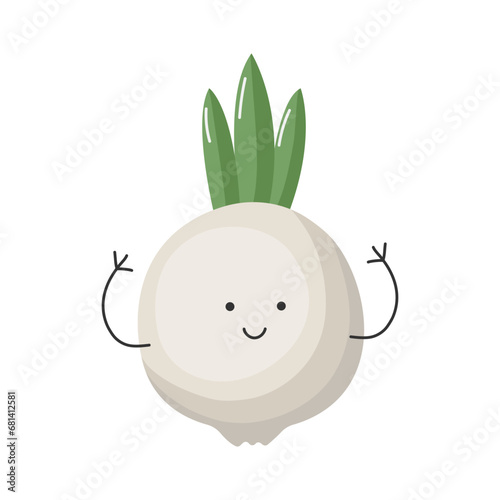 Vector Illustration of Children Healthy Nutrition with a Cute Cartoon Funny Onion. Baby Vegetable Character or Mascot