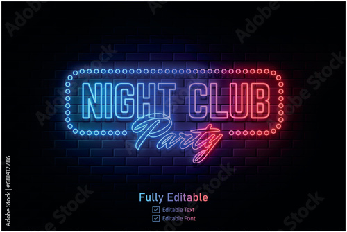 Vector neon effect light night party editable text effect and night club logo for neon text effect	