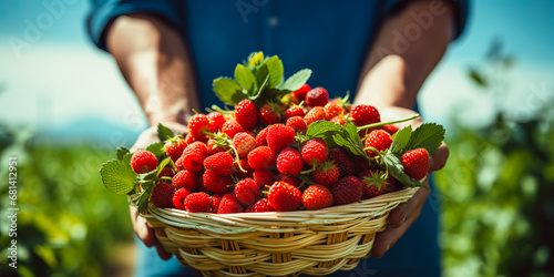 farmer holds wicker basket of fresh berry fruits. harvest concept