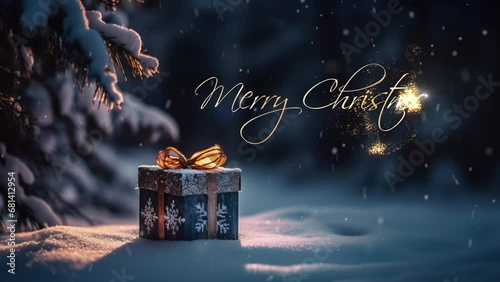 Christmas greeting. Beautiful Christmas gift box. Merry christmas reveal. Christmas decoration. Festive surprise. New Year's gift. Selective focus. Beautyful bokeh background. photo