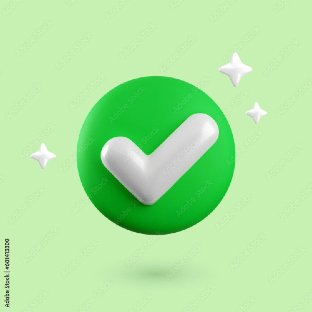 Vector 3d Check mark realistic icon. Trendy plastic checkmark concept, select icon with sparkles and shadow on green background. Green yes button. 3d render tick sign illustration for web, app, design Vector 3d Check mark realistic icon. Trendy plastic checkmark concept, select icon with sparkles and shadow on green background. Green yes button. 3d render tick sign illustration for web, app, design