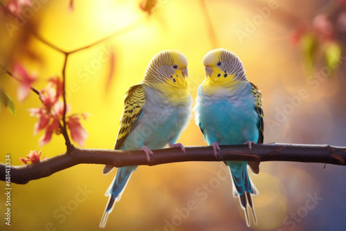 Couple of romantic blue budgies birds on a branch. Love or friendship concept photo