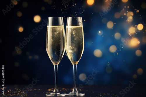 Glasses of champagne on against blurred background with festive bokeh. Christmas party celebration