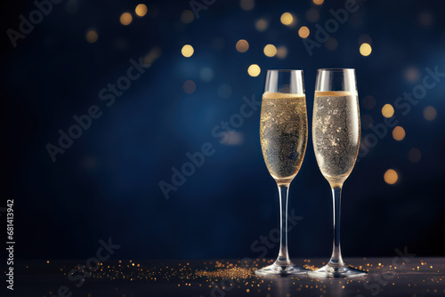  Glasses of champagne on against blurred background with festive bokeh. Christmas party celebration