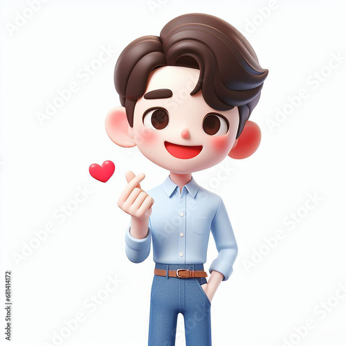 3d illustration of handsome young male with 2 finger pose, korean heart finger on white background photo