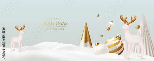 Christmas and New Year greeting card with deer, balls, confetti, ribbons and trees.