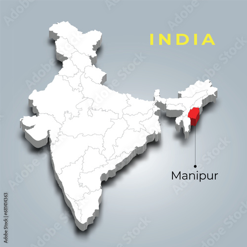 Manipur state map location in Indian 3d isometric map. Manipur map vector illustration
