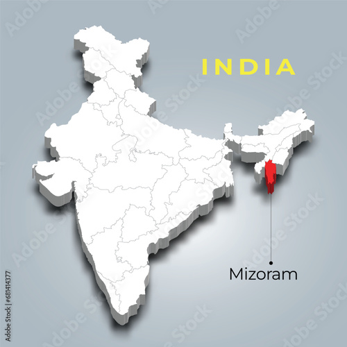 Mizoram state map location in Indian 3d isometric map. Mizoram map vector illustration
