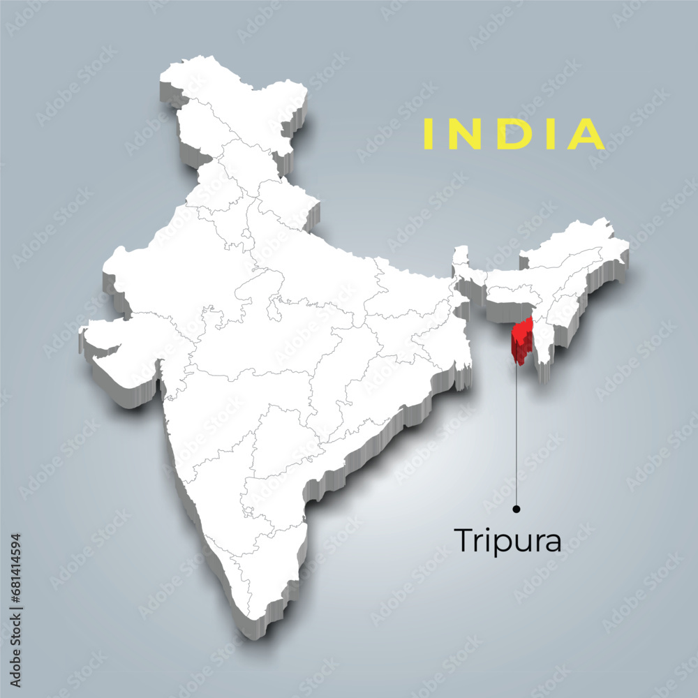 Tripura state map location in Indian 3d isometric map. Tripura map