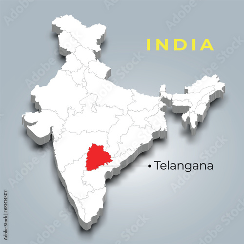 Telangana state map location in Indian 3d isometric map. Telangana map vector illustration photo