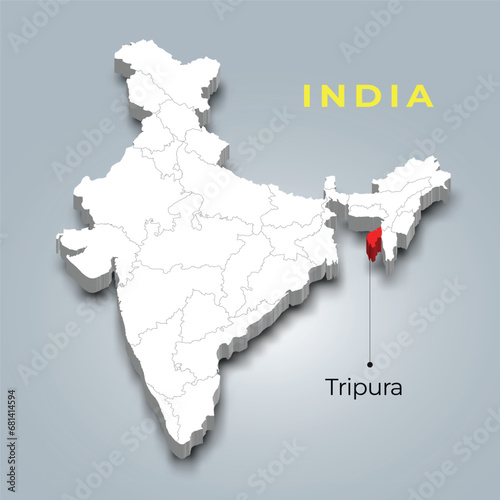 Tripura state map location in Indian 3d isometric map. Tripura map vector illustration
