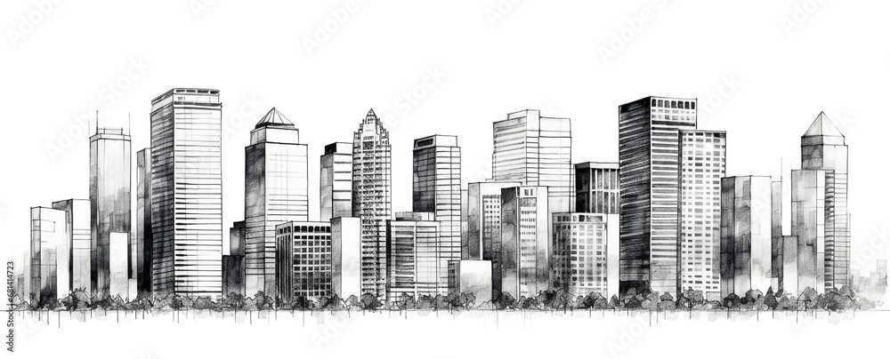 illustration of a skyscrapers in city, drawn by pen. Generative AI image.
