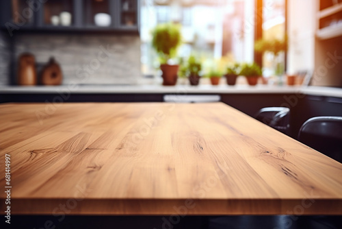 Wooden light empty table top in modern kitchen  kitchen panel in interior. Template showcase scene for advertising products