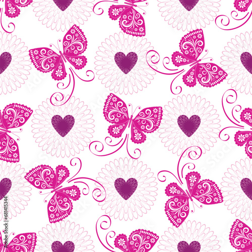 Vector Valentine seamless pattern with purple hearts and butterflies on transparent background