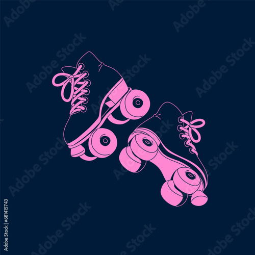Roller skating footwear. Retro rollerskate with wheels, laces. Old shoe for rink, walking, roll. 90s activity, 70s active leisure, 80s sport hobby. Monochrome flat isolated vector illustration