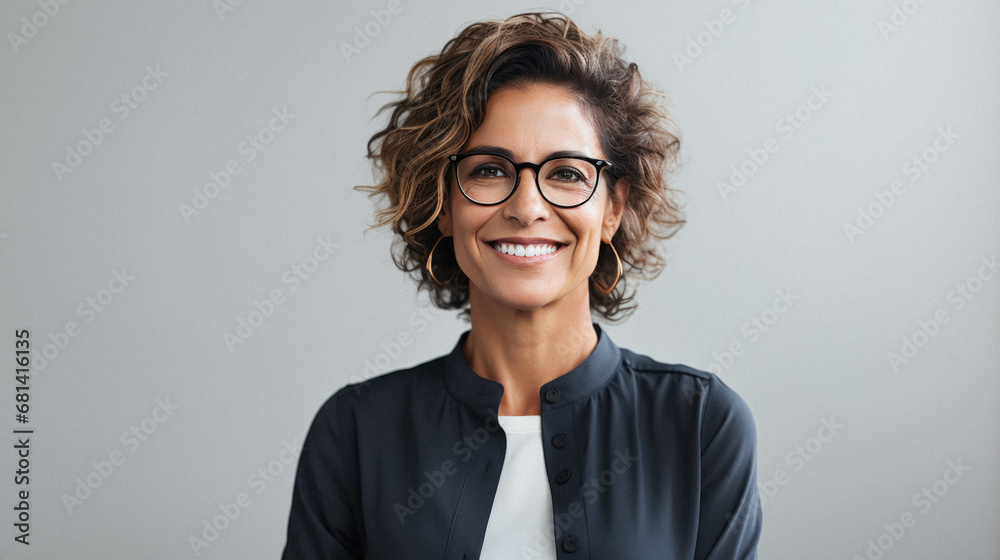 Smiling older businesswoman in eyeglasses looking at camera isolated on grey.