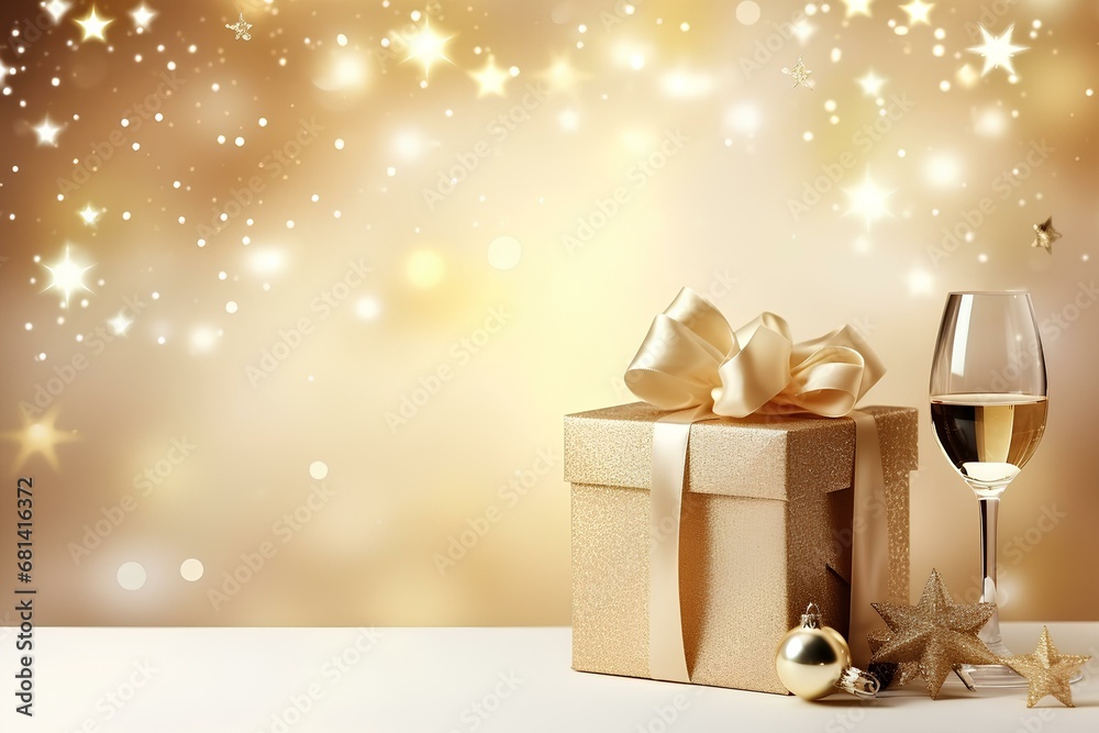 light gold background with Christmas decorations, stars, snowflakes, balls, 2024, gift box, top view light gold background with Christmas decorations, stars, snowflakes, balls, 2024, gift box, top view