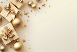 light gold background with Christmas decorations, stars, snowflakes, balls, 2024, gift box, top view