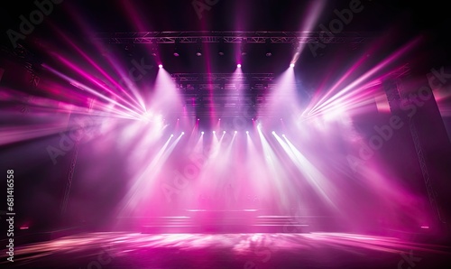 Light beams with pink smoke in a light show background.