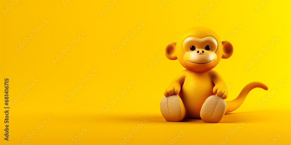Fototapeta premium monkey doll on yellow gradient background. Generative AI image.