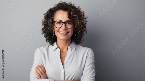 Portrait of smiling businesswoman in eyeglasses on grey background.