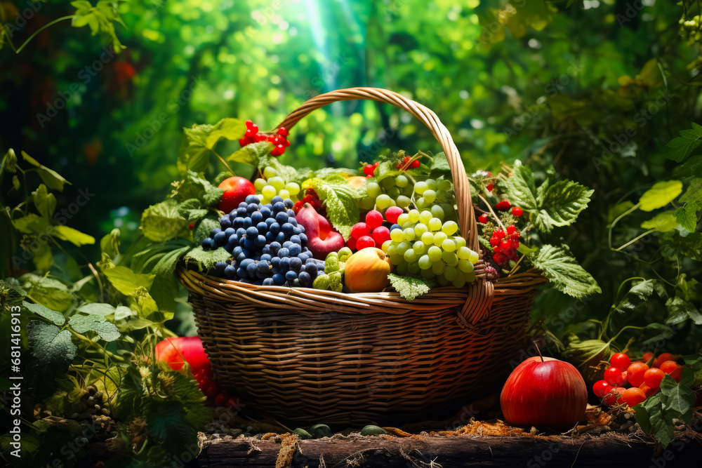 Wicker basket with different fresh ripe berries, grapes, apples outdoors, forest background