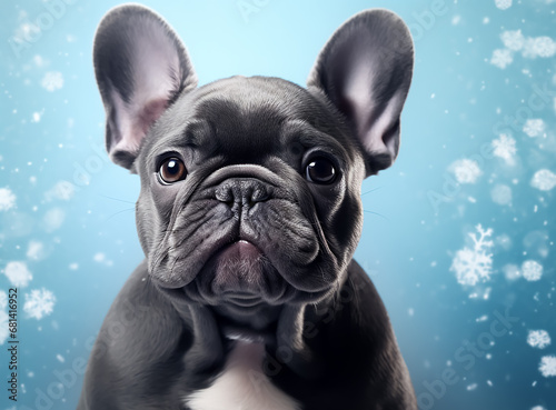 French bulldog in the snowy weather, winter 