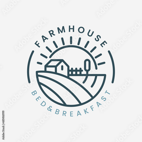 farm house logo vector with emblem illustration template design. with windmill, fence, and sun icon