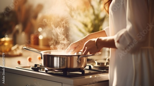 Female using steel metallic pot for preparing in the kitchen. Kitchenware for cooking. photo
