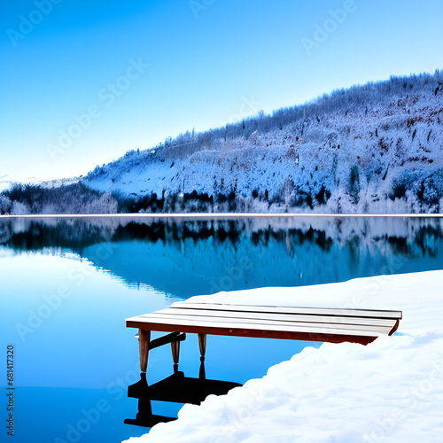 a winter sky-blue lake seen from a wooden bench, generation ai, 생성형, 인공지능