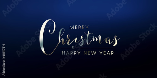 Christmas card with greetings on empty blue background. Merry Xmas. Happy New Year greetings photo