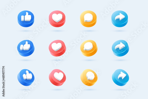 social media circle icon set thumbs, comment, share and love 3d style