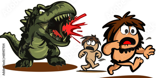 Frightened cavemen screaming running from a roaring Tyrannosaurus rex dinosaur vector graphics illustration.