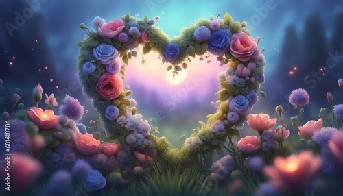 Floral heart, Twilight garden, Blooming, Serene meadow, Moonlit ambiance, Cool tones. Generative Ai