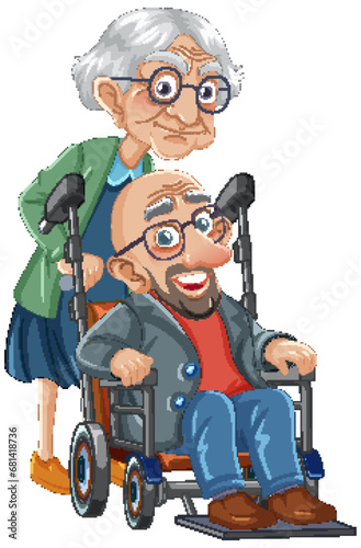 Loving Grandmother Pushing Old Grandfather on Wheelchair