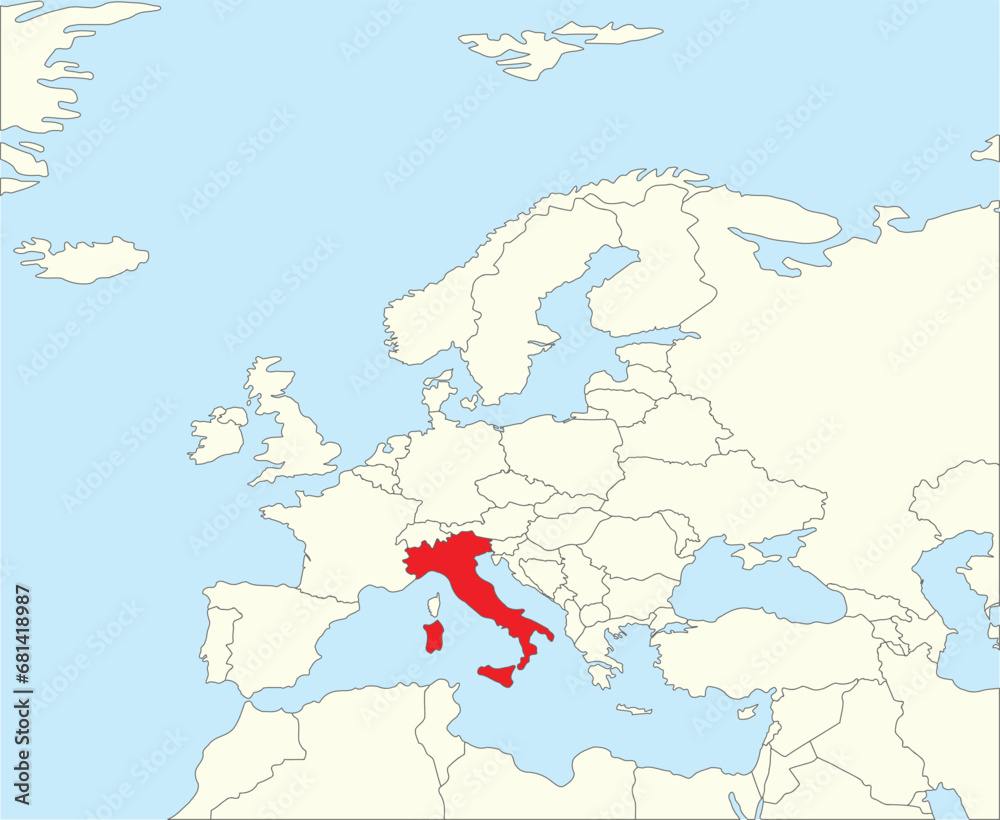 Red CMYK national map of ITALY inside simplified beige blank political map of European continent on blue background using Winkel Tripel projection