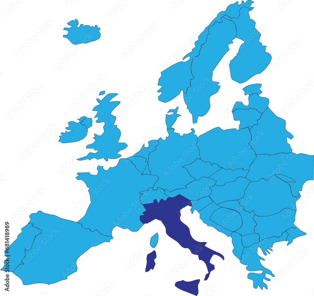 Fototapeta premium Dark blue CMYK national map of ITALY inside simplified blue blank political map of European continent on transparent background using Peters projection