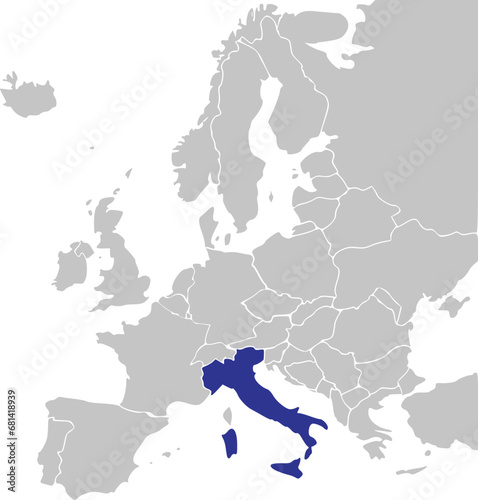 Blue CMYK national map of ITALY inside simplified gray blank political map of European continent on transparent background using Mercator projection
