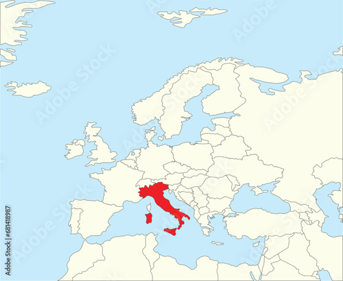 Red CMYK national map of ITALY inside simplified beige blank political map of European continent on blue background using Winkel Tripel projection