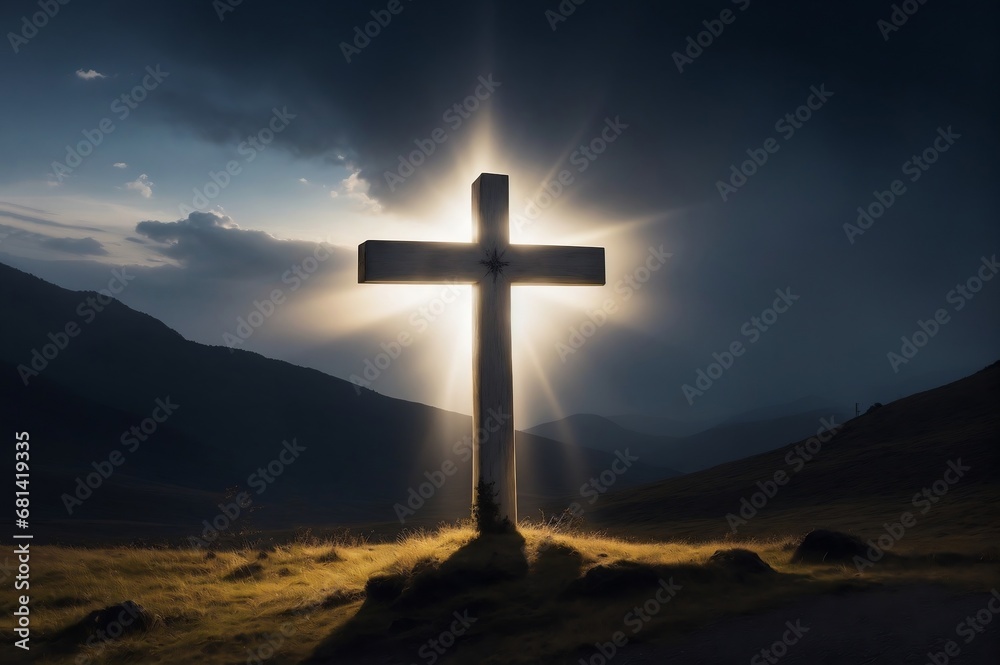 A radiant cross illuminates a serene mountain landscape at dusk; a symbol of hope and faith