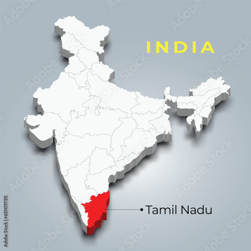 Tamil Nadu state map location in Indian 3d isometric map. Tamil Nadu map vector illustration