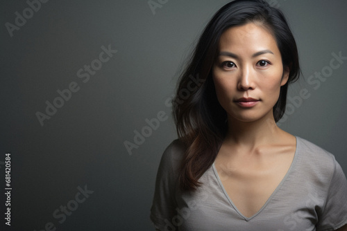 Portrait of a beautiful mature asian woman on gray background, studio shot.