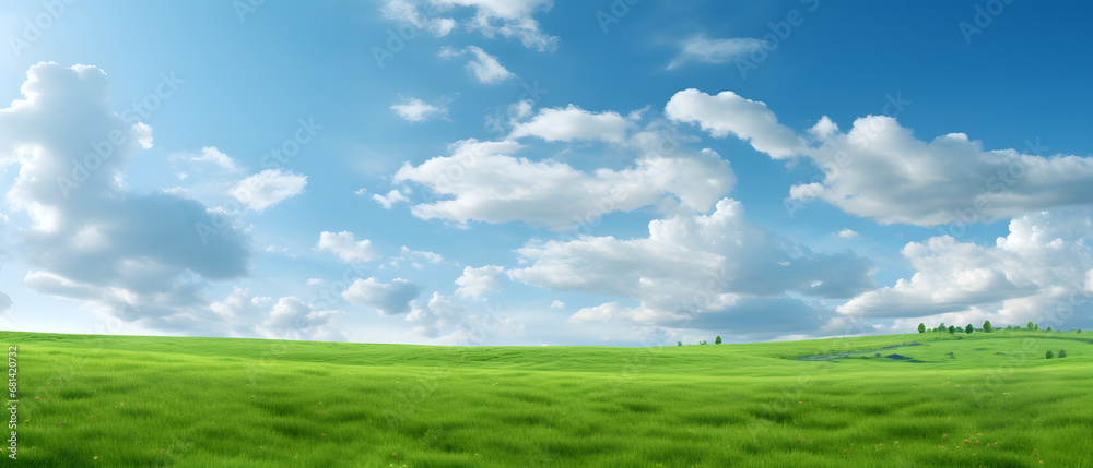 Green field with wildflowers and blue sky landscape background. Green field with wildflowers and blue sky landscape background.